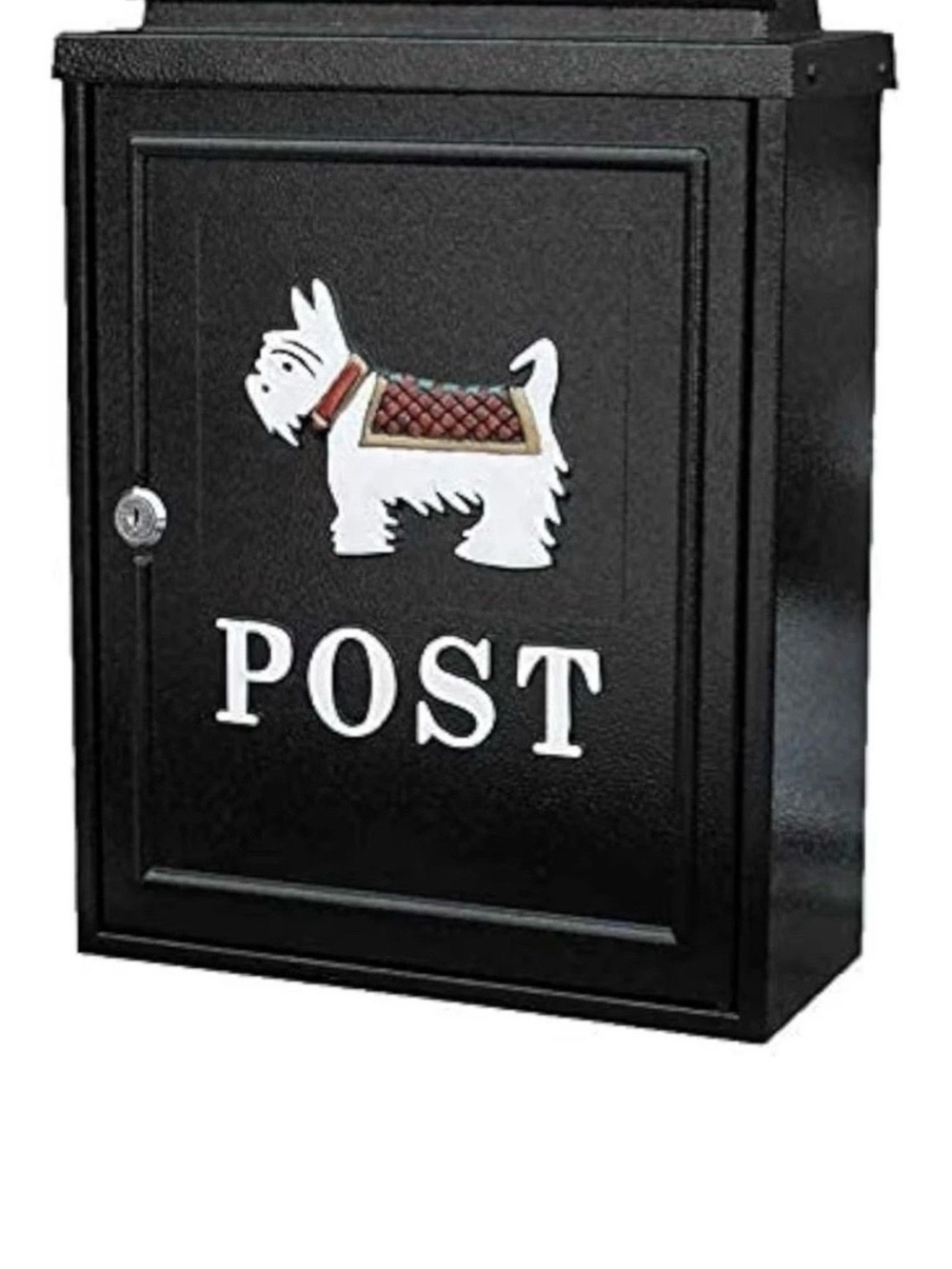 Black Decorative 'Post' Mailbox with White Dog Motif